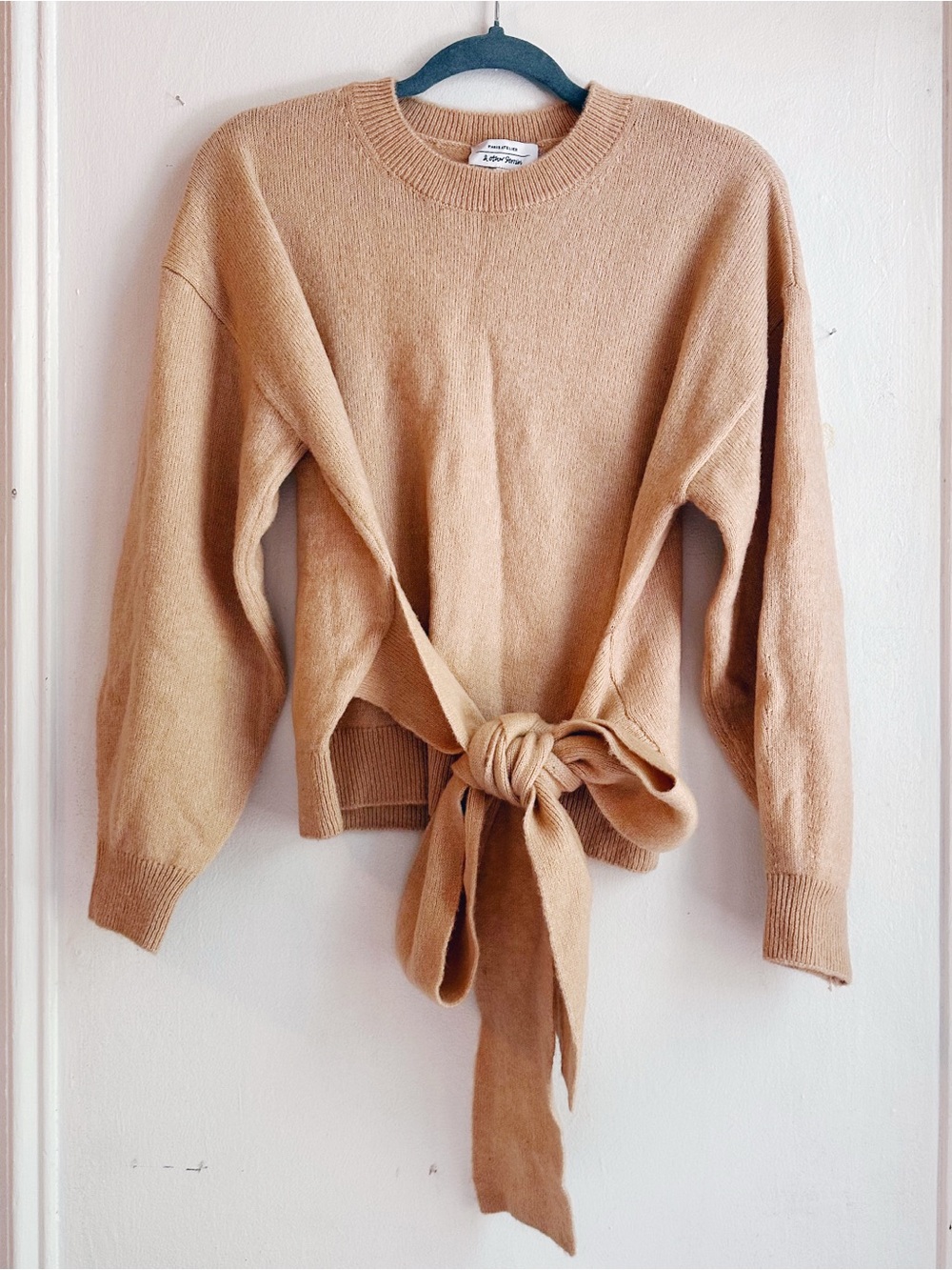 New NWOT and other storied camel beige sweater with tie wool blend women’s small